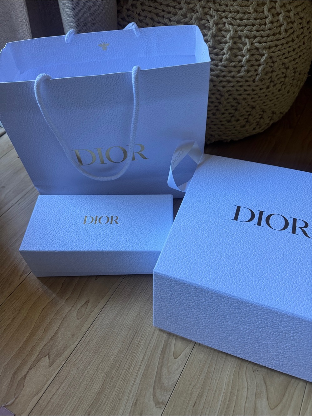 Dior White Gift Box and Shopping Bag Set with Gold Logo